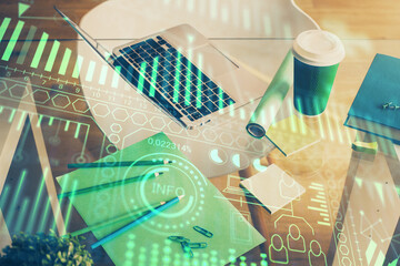 Poster - Computer on desktop in office with technology theme hologram. Double exposure. Tech concept.