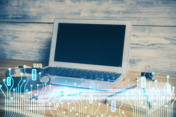 Aufkleber - Double exposure of desktop with personal computer on background and tech theme drawing. Concept of data analysis.