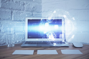 Aufkleber - Computer on desktop with social network hologram. Double exposure. Concept of international people connections.
