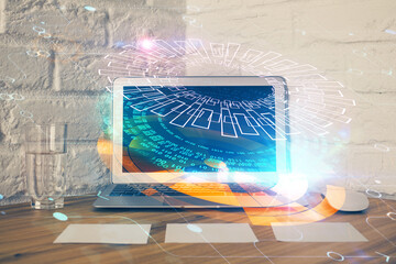 Aufkleber - Double exposure of desktop with personal computer on background and tech theme drawing. Concept of Bigdata.