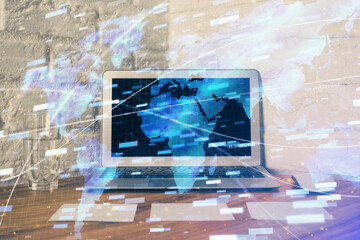 Aufkleber - Double exposure of desktop with personal computer on background and tech theme drawing. Concept of Bigdata.