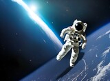 Fototapeta Kosmos - Astronaut floating in space with no gravity