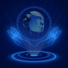 Poster - AI or artificial concept with hologram - Holographic abstract robotic head over open hands - 3D Illustration
