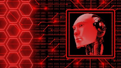 Poster - AI or artificial intelligence with abstract 3D robotic head - background of 4-digit binary code behind information connecting lines and honeycomb elements - 3D illustration