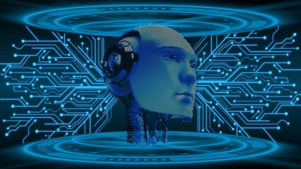 Poster - AI or artificial intelligence - Abstract 3D robotic head is floating in virtual cyberspace between information connecting lines. 3D illustration