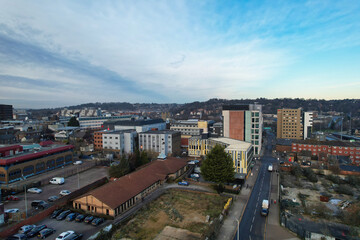 High Angle View of Central Luton City and Buildings During Sunset, Beautiful Footage of UK's Modern and Historical View of Town of England, Footage Was Captured on 22-01-2023. 