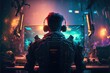 Futuristic Professional E-Sports gamer playing online games computer with headphones,cyberpunk game room background ,Generative AI
