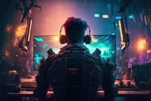 Futuristic Professional E-Sports Gamer Playing Online Games Computer With Headphones,cyberpunk Game Room Background ,Generative AI

