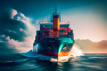 Wall Mural - Cargo Ship Sailing In To The Sea.  Generative AI.