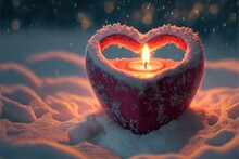 Red Candles Heart On Snow, Abstract Blurred Natural Background. Beautiful Winter Landscape With Burning Romantic Candles. Symbol Of Love, Romance, Happiness, Valentine's Day. Witch Ritual For Lovers