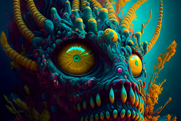 Wall Mural - horror poster. mystical head. psychedelic monster. generative ai.