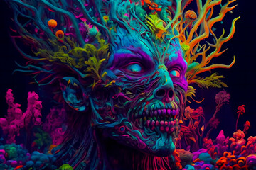 Wall Mural - horror poster. mystical head. psychedelic monster. generative ai.