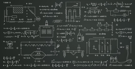 Wall Mural - Scientific formulas for calculating electricity and circuits written on a blackboard.