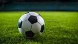 Fototapeta Sport - Close-up of a Football Ball. Conceptual Shot Representing Start of the Game, Success, Victory, Determination in Sport and Life. Low Angle Ground Artistic Shot. Beautiful Establishing Shot