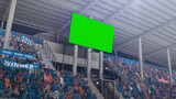 Fototapeta Sport - Stadium Championship Match: Scoreboard Green Chroma Key Screen. Crowd of Fans Cheering, Having Fun. Sports Channel Television Advertising Mock-Up. Content for Digital Devices Display Concept.