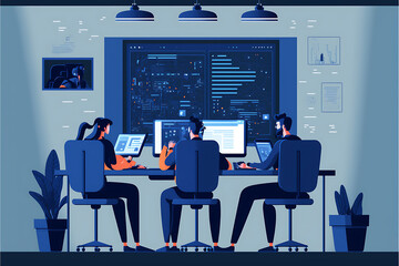 dark slate blue Flat vector illustration web designer and programmer team meeting and working collaboration concept



