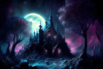 Wall Mural - landscape with moon and stars, castle wonderland - By Generative AI