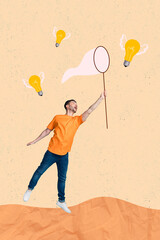 Poster - Vertical photo collage of business man startup owner jumping hold butterfly net catch idea flying wings lamps ideas isolated on beige background