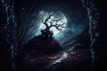 Wall Mural - Halloween night scene - occult witch's hut - By Generative AI