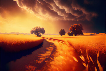 Wall Mural - golden sunset over the field - By Generative AI