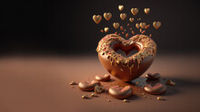 Generative AI, Chocolate Donut In Heart Shape With Little Hearts Pastries On The Table. Sweet Food Advertising Banner. 3D Effect, St. Valentine's Romantic Bakery Concept, Modern Illustration