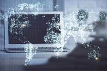 Aufkleber - Computer on desktop with social network hologram. Multi exposure. Concept of international people connections.