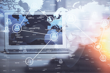 Aufkleber - Computer on desktop with social network hologram. Multi exposure. Concept of international people connections.