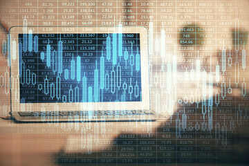 Poster - Multi exposure of forex graph and work space with computer. Concept of international online trading.