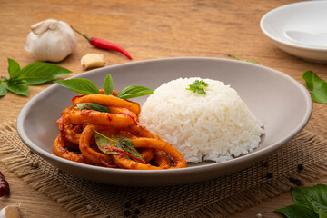 Wall Mural - Stir-Fried Squid with Red Curry Paste and cooked jasmine rice in white plate.Thai spicy food