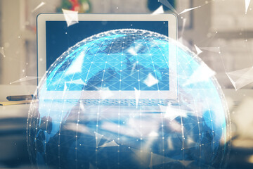 Poster - Multi exposure of business theme icons and work space with computer background. Concept of success.