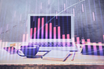 Poster - Multi exposure of forex graph and work space with computer. Concept of international online trading.