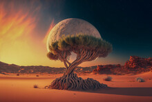 Lonely Tree In The Desert On An Alien Planet, With A Big Moon In  Background. Created With Generative AI Technology.