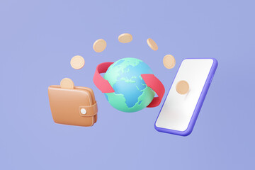 Sticker - Smartphone coins floating on purple background online payment money transfer income deposit worldwide into wallet. finance business concept. cartoon minimal cashback. 3d render illustration