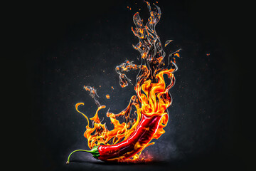 Wall Mural - hot red pepper in fire and flame on black background