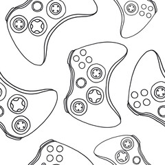 Wall Mural - Seamless pattern of game controllers. Vector illustration in hand-drawn outline flat style on white background