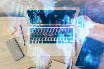 Aufkleber - Multi exposure of forex graph and work space with computer. Concept of international online trading.