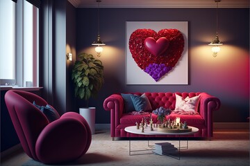 Wall Mural - Interior of living room decorated for Valentine's Day. Generative AI