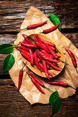 Canvas Print - Hot chili peppers with leaves on a plate.