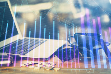 Poster - Multi exposure of forex graph and work space with computer. Concept of international online trading.