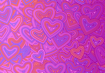 Poster - Valentine's Day greeting card template or background with hearts and line ornament. Retro fashion hippie psyhedelic design.