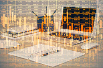 Aufkleber - Multi exposure of forex graph and work space with computer. Concept of international online trading.