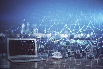 Poster - Multi exposure of forex graph and work space with computer. Concept of international online trading.