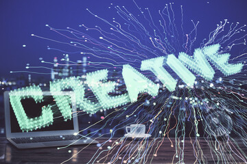 Poster - Desktop computer background in office and start up theme hologram drawing. Double exposure. Startup concept.