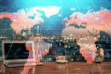 Poster - Multi exposure of business theme icons and table with computer background. Concept of success.