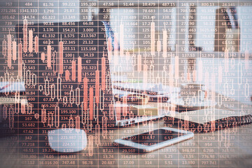 Poster - Multi exposure of forex graph and work space with computer. Concept of international online trading.