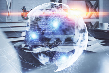 Poster - Multi exposure of business theme icons and table with computer background. Concept of success.