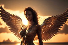 Seductive Sexy Woman As Angel With Wings Wearing Lingerie. Warm Atmosphere. Designed Using Generative Ai. 