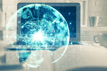Poster - Multi exposure of business theme icons and table with computer background. Concept of success.