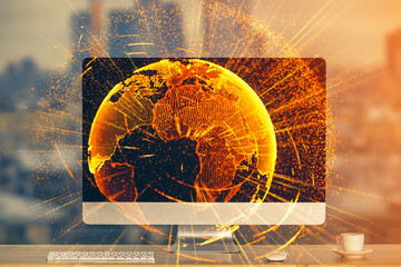 Aufkleber - Computer on desktop with social network theme icon. Multi exposure. Concept of international connections.