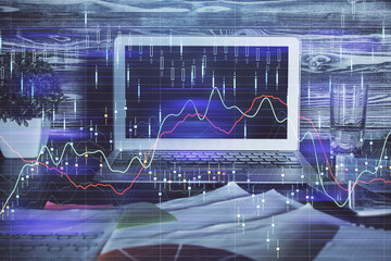Poster - Multi exposure of forex graph and work space with computer. Concept of international online trading.